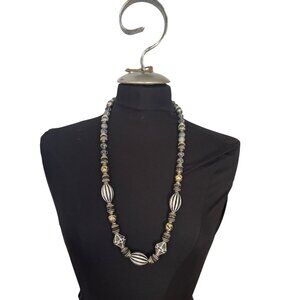 Handcrafted Black & White Beaded Necklace With Gold Accents - 28" Long